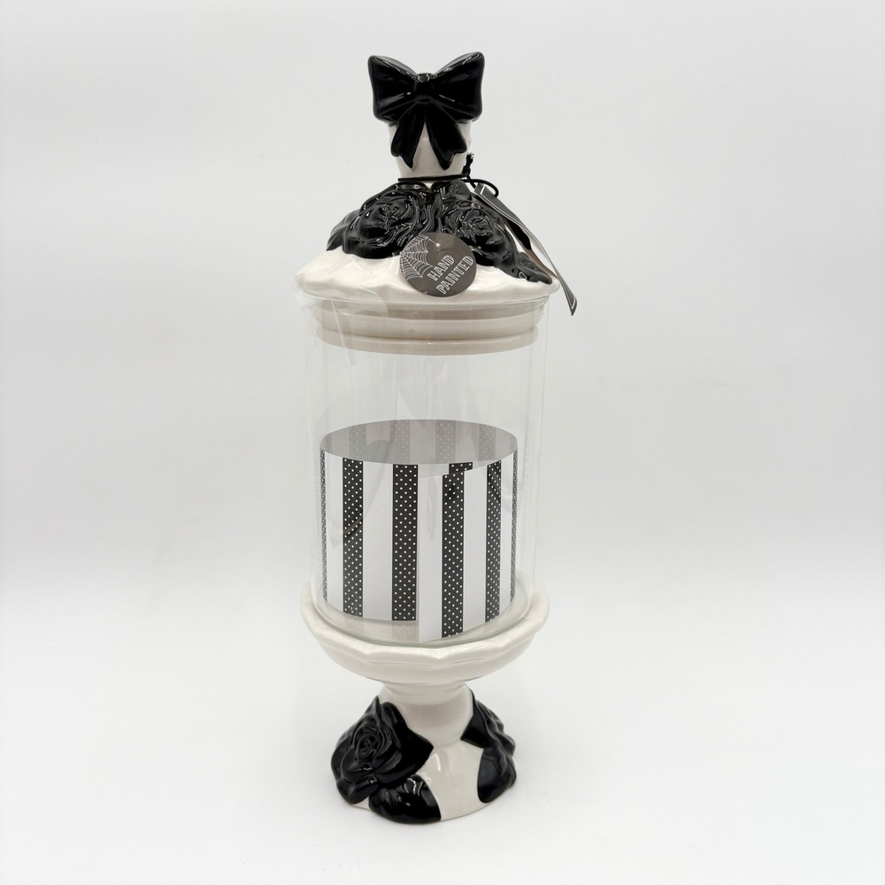 Cobwebs and Cauldrons Glass Candy Jar Pedestal Black Bow Halloween Decor